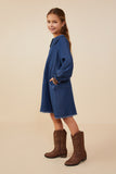 GY8880 Mid Denim Girls Peter Pan Collared Cinch Cuff Chambray Dress Side