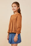 GY8894 Camel  Girls Vegan Suede Smocked Baby Doll Top Side