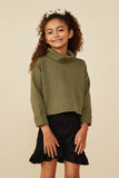 GY8907 Olive Girls Textured Knit Drop Shoulder Turtleneck Top Front 2