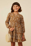 GY8909 BROWN Girls Notch Detail Long Sleeve Floral Embroidered Dress Front