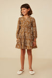 GY8909 BROWN Girls Notch Detail Long Sleeve Floral Embroidered Dress Pose