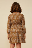 GY8909 BROWN Girls Notch Detail Long Sleeve Floral Embroidered Dress Back