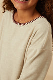 GY8921 Oatmeal Girls Brushed Contrast Stitch Long Sleeve Knit T Shirt Detail