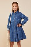 GY8933 Mid Denim Girls Bow Printed Buttoned Denim Dress Front