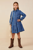 GY8933 Mid Denim Girls Bow Printed Buttoned Denim Dress Full Body