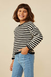 GY9011 Black White Girls Fuzzy Fleece Striped Long Sleeve Top Side