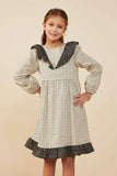 GY9047 Ivory  Girls Ditsy Print Contrast Ruffle Collar Dress Front