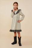 GY9047 Ivory  Girls Ditsy Print Contrast Ruffle Collar Dress Front 2