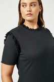 H11058W BLACK Plus Ruffle Collar Knit Top Detail