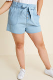 H7251W LT DENIM Plus Belted High-Rise Paperbag Short Front