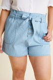 H7251W LT DENIM Plus Belted High-Rise Paperbag Short Detail