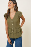 H7496-OLIVE Womens Button-Down Tiered Ruffle Hem Top  Peplum Front