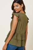 H7496-OLIVE Womens Button-Down Tiered Ruffle Hem Top PepluM Back