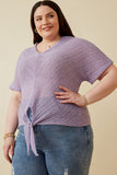 HDK1907W Lavender Plus Textured Ribbed Tie Front V Neck Top Front