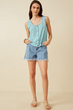 HDK1909 Blue Womens Patterned Button Detail Knit Tank Full Body