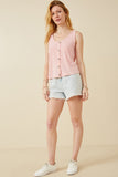 HDK1909 Pink Womens Patterned Button Detail Knit Tank Full Body