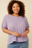 Plus Ribbed Knit Textured Puff Sleeve Top Front