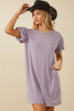 Womens Gathered Puff Sleeve French Terry Knit Dress Front