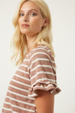 HJ1072 MAUVE Womens Stripe V-Neck Ruffle Tee Detail