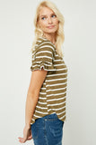 HJ1072 OLIVE Womens Stripe V-Neck Ruffle Tee Side