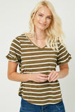 HJ1072 OLIVE Womens Stripe V-Neck Ruffle Tee Front