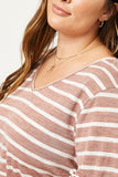 HJ1072W MAUVE Plus Stripe V-Neck Ruffle Tee Detail