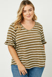 HJ1072W OLIVE Plus Stripe V-Neck Ruffle Tee Front