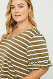 HJ1072W OLIVE Plus Stripe V-Neck Ruffle Tee Detail