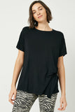 HJ3252 BLACK Womens Side Ribbon Tie T Shirt Front