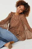 HK1288 BROWN Womens Daisy Print Tiered Chiffon Top Pose