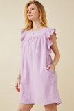 HK1375 Lavender Womens Textured Lace Trim Ruffle Sleeve Dress Front 2