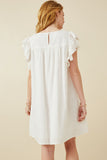 HK1375 Off White Womens Textured Lace Trim Ruffle Sleeve Dress Back