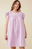 HK1375W Lavender Plus Textured Lace Trim Ruffle Sleeve Dress Front