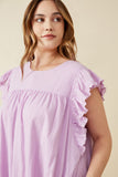 HK1375W Lavender Plus Textured Lace Trim Ruffle Sleeve Dress Front 2