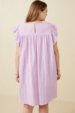 HK1375W Lavender Plus Textured Lace Trim Ruffle Sleeve Dress Back