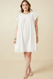 HK1375W Off White Plus Textured Lace Trim Ruffle Sleeve Dress Full Body