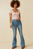 HK1396 DENIM Womens Flared Elastic Waist Stretch Denim Jeans Full Body