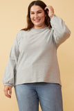 HK1443W Grey Plus Stripe Blocked Puff Sleeve Knit Top Front