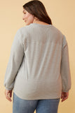 HK1443W Grey Plus Stripe Blocked Puff Sleeve Knit Top Back