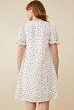 HK1689 Off White Womens Ditsy Hearts Square Neck Puff Sleeve Dress Full Body