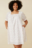 HK1689W Off White Plus Ditsy Hearts Square Neck Puff Sleeve Dress Front