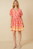 HK1808 Pink Womens Bordered Hem Floral Print V Neck Dress Full Body