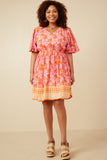 HK1808W Pink Plus Bordered Hem Floral Print V Neck Dress Full Body