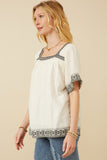 HK1809 Off White Womens Cotton Slub Textured Embroidered Square Neck Top Side