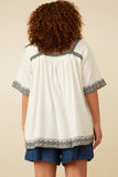 HK1809W Off White Plus Cotton Slub Textured Embroidered Square Neck Top Back