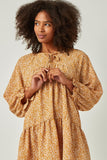 HN4117 MUSTARD Womens Ditsy Floral Tie Neck Long Sleeve Dress Detail