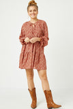 HN4117 RUST Womens Ditsy Floral Tie Neck Long Sleeve Dress Full Body