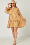 HN4117W MUSTARD Plus Ditsy Floral Tie Neck Long Sleeve Dress Full Body