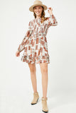 HN4118 RUST Womens Paisley Patchwork Print Smocked Dress Full Body