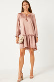 HN4196 MAUVE Womens Satin Look Smocked Cuff Tie Neck Dress Full Body